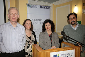 Iratxe Momoitio Astorkia with (L-R) Dr Brendan Lynn, Ms Grainne Kelly & Prof Brandon Hamber from INCORE & Accounts of the Conflict project