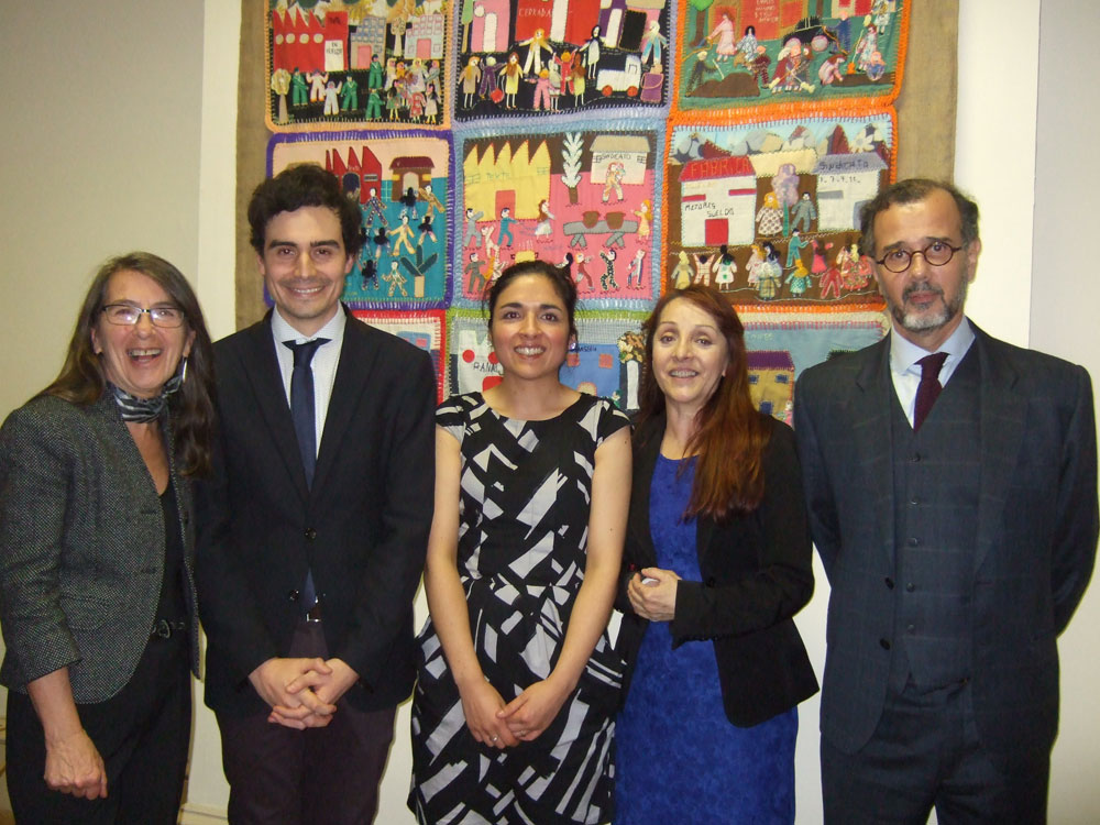 (L-R) Curator Roberta Bacic, Chilean Consul Renato Gomez, staff members Ruby Wolleter and
Pilar Gonzalez with Chilean Ambassador Cristián Streeter Nebel, at the exhibition launch in the Embassy of Chile, Dublin, Ireland. (Photo: Breege Doherty)