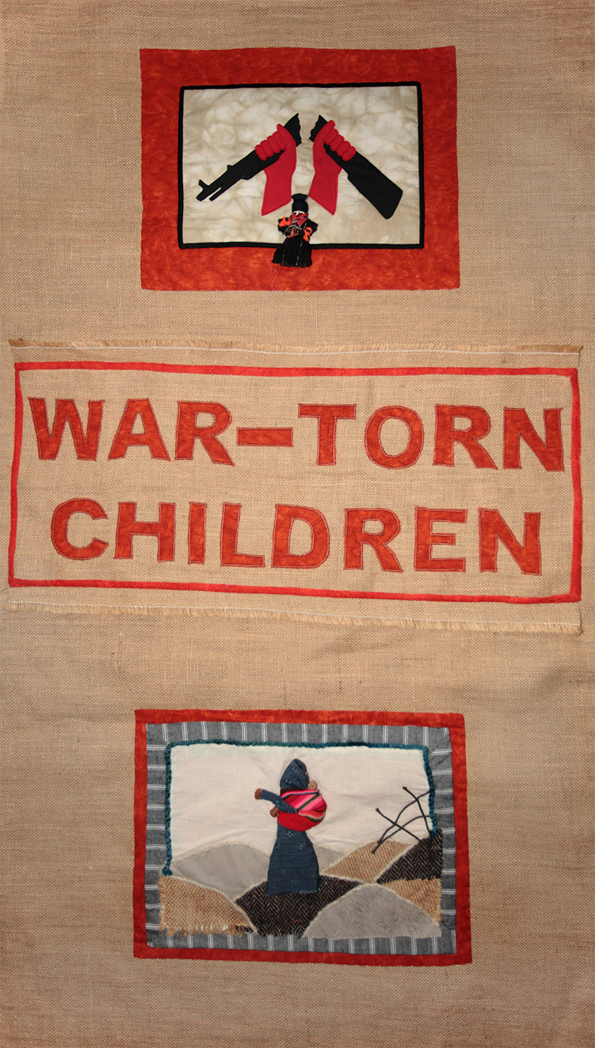 'War-Torn Children banner featuring 'Broken Rifle 2' and 'Després de les onades'', by Deborah Stockdale. (Photo: Martin Melaugh)