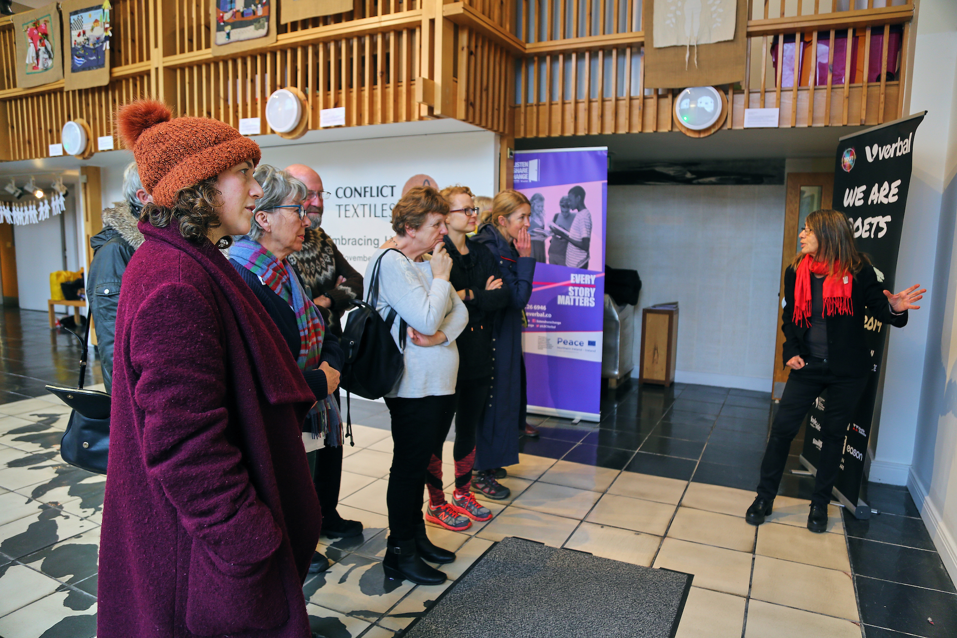 Members of the Echo Echo Dance Theatre Company engrossed in the guided tour of the exhibition by curator Roberta Bacic on 22nd November, 2019. (Photo: Rory Mc Carron)