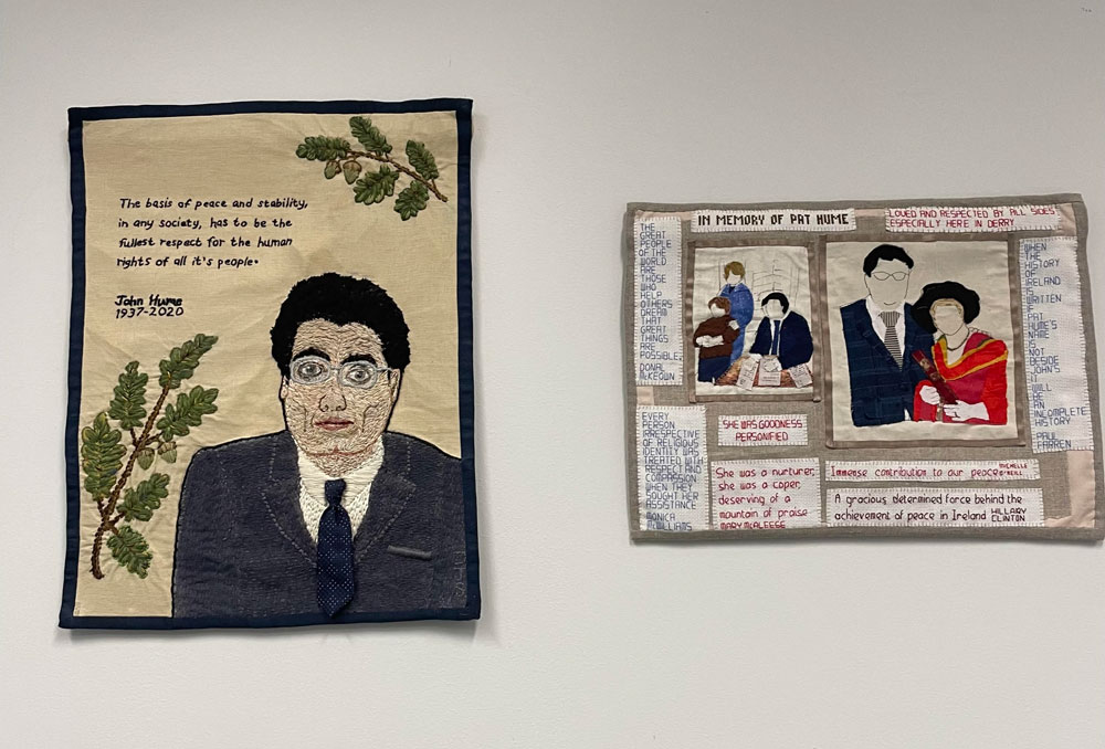 The commemorative textiles 'John Hume, Peacemaker' and 'Pat Hume' on display at Magee campus Library, Ulster University. (Photo: Gillian Robinson)
