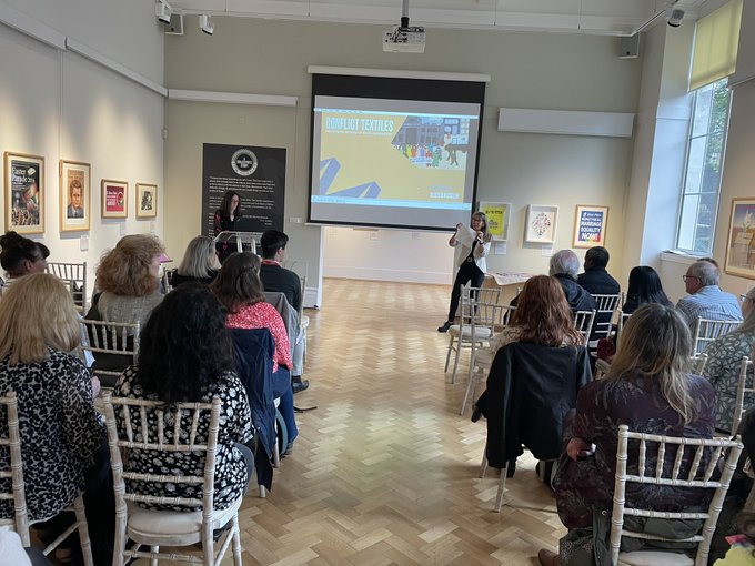Conflict Textiles curator Roberta Bacic (right) and Karen Logan, Senior Curator of History, Ulster Museum (left), introduce the event and the first film ' Following the Footsteps of the Disappeared 2021, 30 August 2021'. Photo: Gillian Robinson