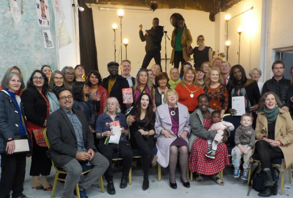 Included in the group photo at the launch of the International Dublin Arts and Human Rights Festival are: Sabina Higgins, Brandon Hamber, Roberta Bacic and participants from the network of Transformative Memories in Political Violence (Photo: C McCartney)