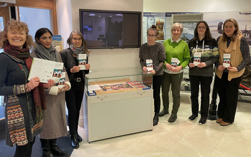 Bernadette Walsh, Tower Museum (centre - right) with the Conflict Textiles team & colleagues from Ulster Museum and the Void Gallery at the start of the 'Mujeres Disruptivas' exhibition trail, Tower Museum, 8 February, 2023. (Photo: Gillian Robinson)