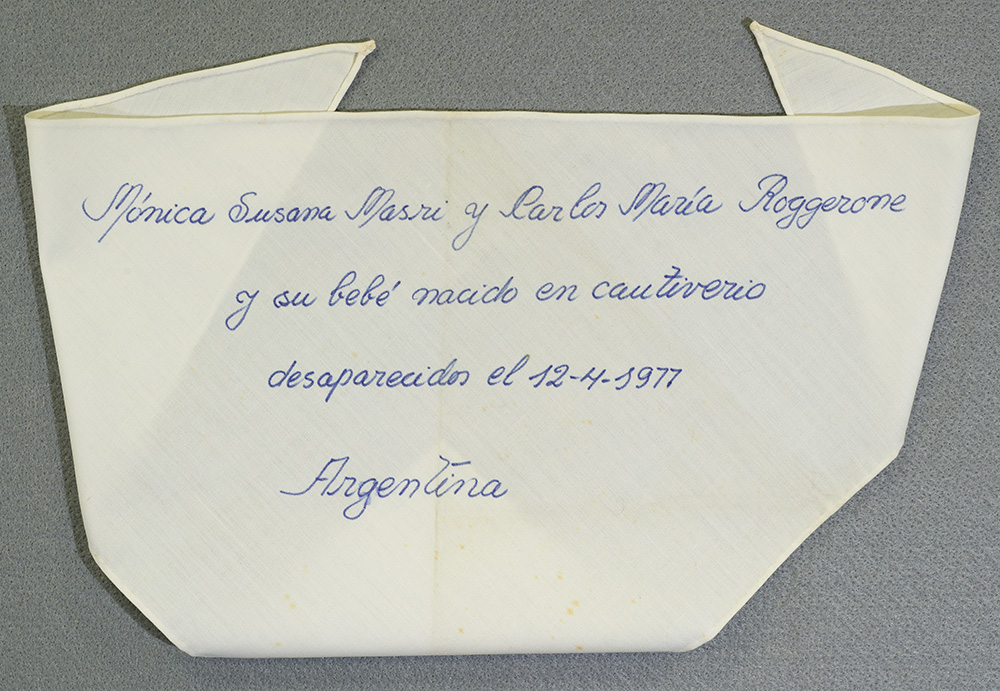 'Pañoleta / Headscarf', Worn by an Abuela de Plaza de Mayo on weekly Thursday marches from 1974 until today. (Photo: Martin Melaugh)