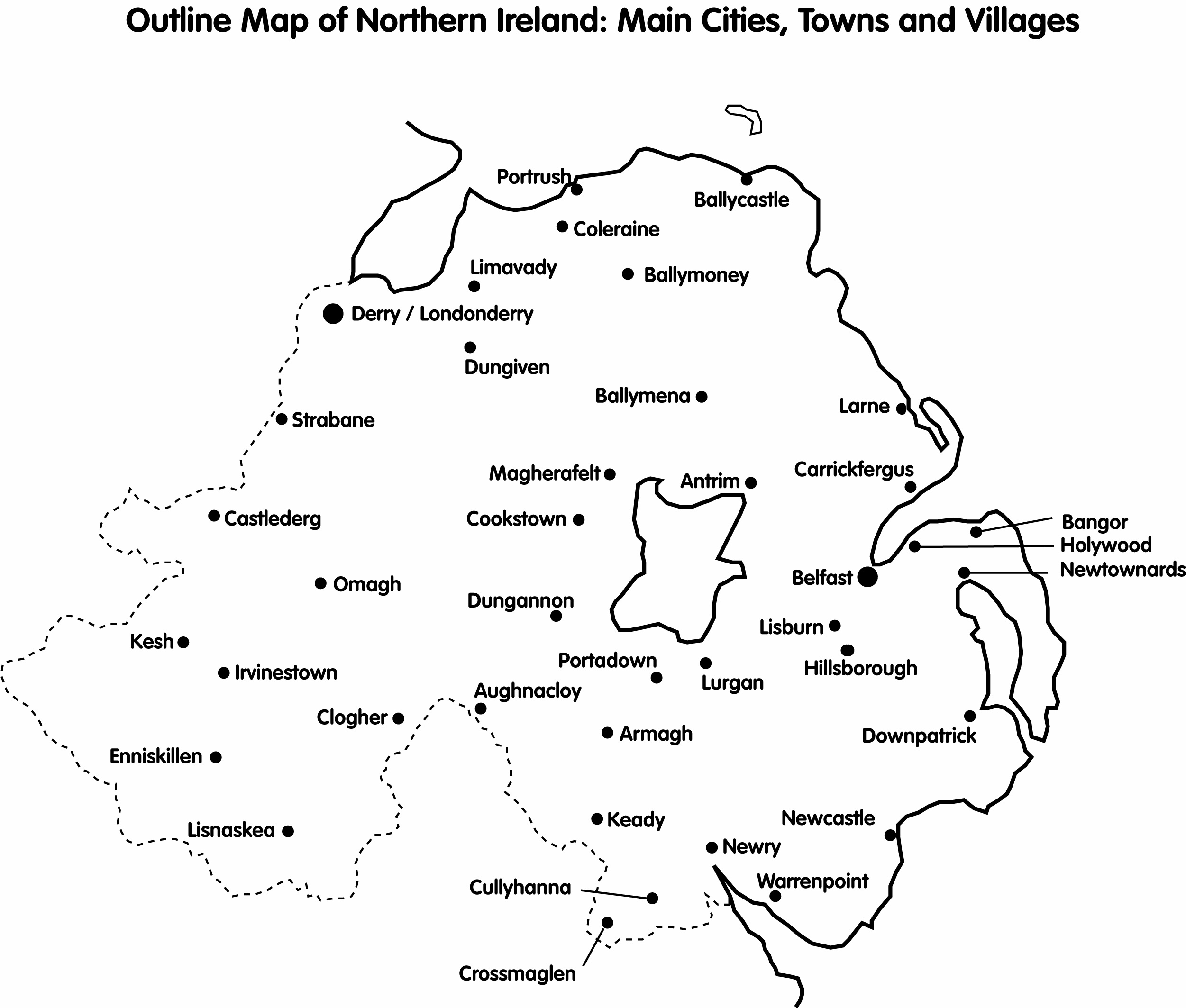 Cain Maps Outline Map Of Northern Ireland Main Cities Towns Villages